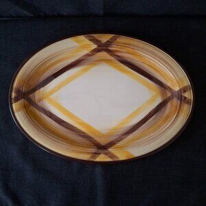 Vintage Vernon Kilns Dinnerware Organdie Brown Yellow Plaid Oval 12" Platter